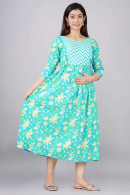 nandini creation Women Fit and Flare Light Blue, Light Green, White Midi/Calf Length Dress
