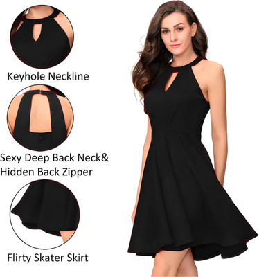 SHCON Women A-line Black Above Knee/Mid Thigh Length Dress