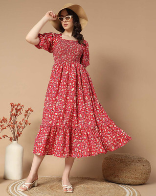 Jash Creation Women Fit and Flare Red Maxi/Full Length Dress