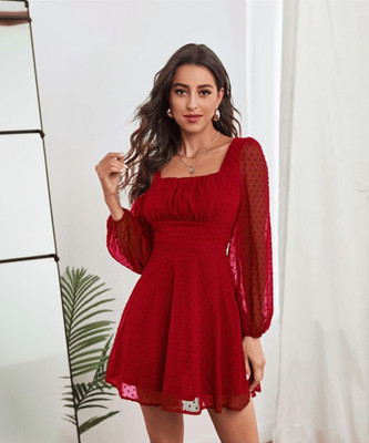 R V Fashion Women A-line Red Above Knee/Mid Thigh Length Dress
