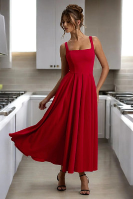 HouseOfCommon Women Fit and Flare Red Midi/Calf Length Dress