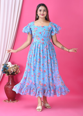 ITC FASHION Women A-line Blue Ankle Length Dress