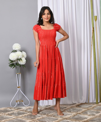 IQRAAR Women A-line Red Below Knee Dress