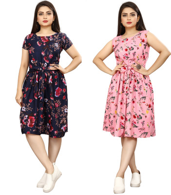 HouseOfCommon Women A-line Black, Blue Knee Length Dress