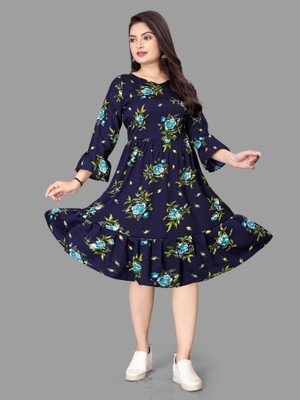 Madhave Women Fit and Flare Dark Blue Knee Length Dress