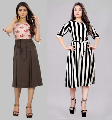 Hiral Creation Women A-line Multicolor Midi/Calf Length Dress
