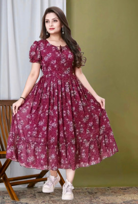 fashion fizz Women Fit and Flare Maroon Midi/Calf Length Dress