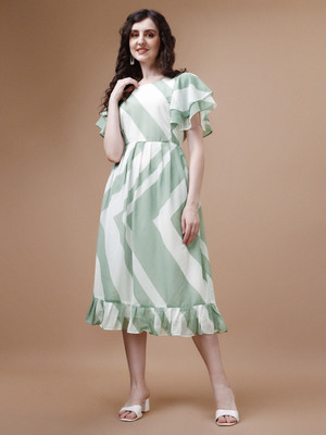 Fashion2wear Women A-line Light Green, White Midi/Calf Length Dress