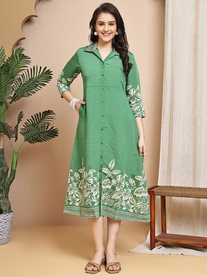 Claura Women Fit and Flare Green Midi/Calf Length Dress
