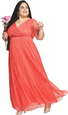 wild U Women Fit and Flare Orange Maxi/Full Length Dress