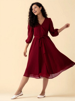 AASK Women Fit and Flare Maroon Midi/Calf Length Dress