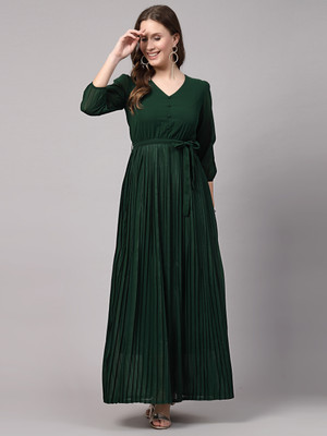AAYU Women Fit and Flare Dark Green Maxi/Full Length Dress