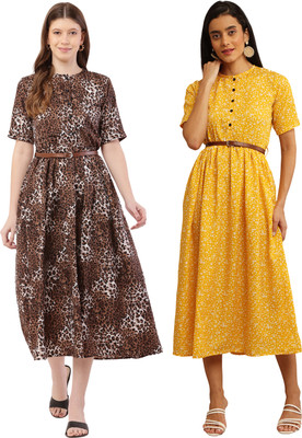 HEAVENS CREATIONS Women Fit and Flare Light Blue, Dark Blue Midi/Calf Length Dress