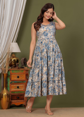 HouseOfCommon Women Embroidered, Printed Flared Kurta(Light Blue)