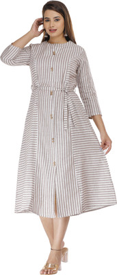 ap2kurti Women A-line Brown, White Midi/Calf Length Dress