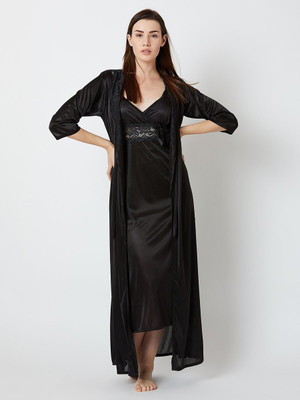Cuteva Women Nighty with Robe(Black)