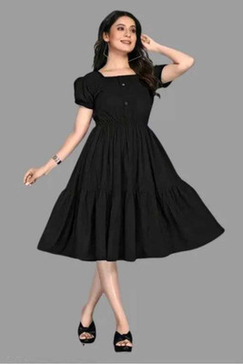 Savitricreation Women Fit and Flare Black Below Knee Dress