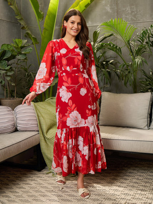 SASSAFRAS Women Fit and Flare Red Below Knee Dress