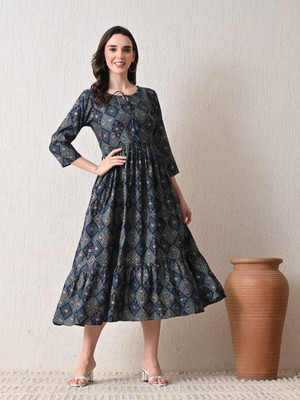 Hariks Women Fit and Flare Dark Blue Midi/Calf Length Dress