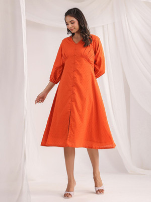 Janasya Women A-line Orange Below Knee Dress