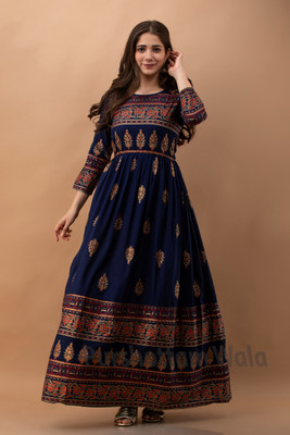 PURSHOTTAM WALA Women Fit and Flare Blue Ankle Length Dress