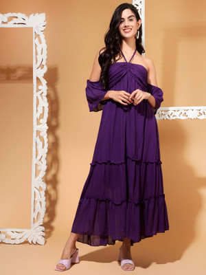 DRAPE AND DAZZLE Women Fit and Flare Purple Midi/Calf Length Dress