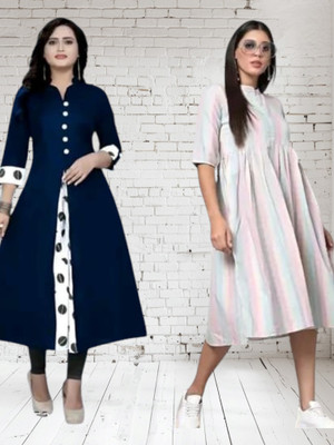 Suhani Fashionqq Women A-line Blue, White Maxi/Full Length Dress