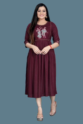 Opera Fashion Women Fit and Flare Maroon Midi/Calf Length Dress