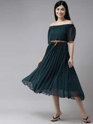 CORSICA Women Fit and Flare Dark Green Below Knee Dress