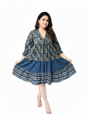 Vanarasa Women Gathered Blue Knee Length Dress