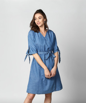 STYLESTONE Women Wrap Blue Above Knee/Mid Thigh Length Dress