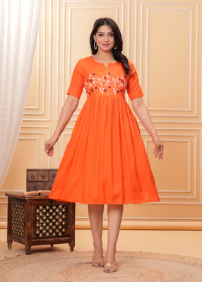 SORTHIYA GROUP Women Fit and Flare Orange Below Knee Dress