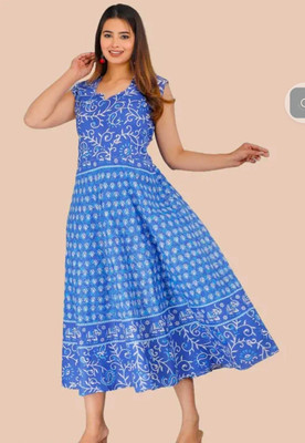 HouseOfCommon Women Fit and Flare Blue Midi/Calf Length Dress