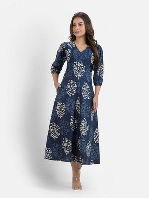 Crazy Needle Women A-line Blue Maxi/Full Length Dress