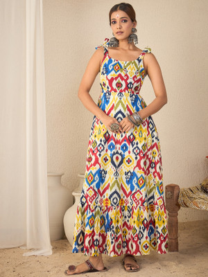 WineRed Women Fit and Flare Multicolor Ankle Length Dress