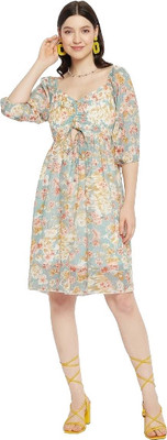 nHka Women Fit and Flare Blue Above Knee/Mid Thigh Length Dress