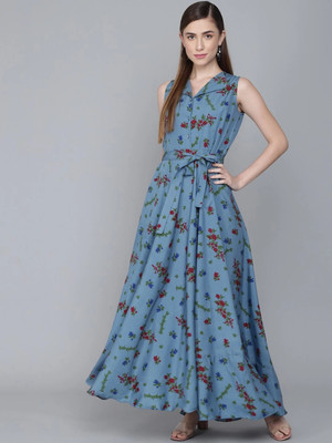 RUDRAKRITI Women Fit and Flare Blue Maxi/Full Length Dress