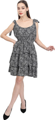 Nature Craft Women Fit and Flare Black, White Midi/Calf Length Dress