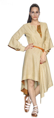 GOPALTEXTILE Women Fit and Flare Beige Below Knee Dress