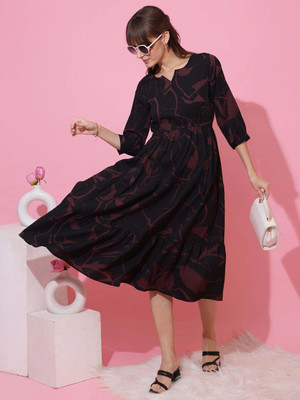 Sheetal Accociates Women Fit and Flare Black, Brown Midi/Calf Length Dress
