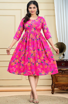 HARIOMCOLLECTIO Women Floral Print Gown Kurta(Pink)