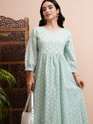 Vishudh Women A-line Green Midi/Calf Length Dress