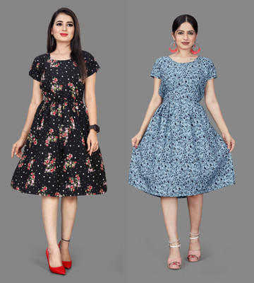 Threadhunter Women Fit and Flare Black, Blue Knee Length Dress