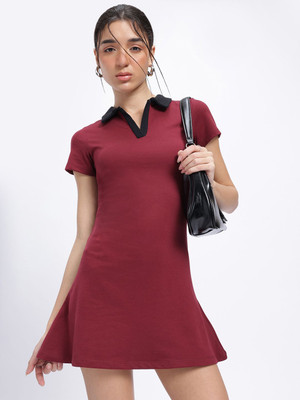 Glitchez Women Shirt Maroon Mini/Short Dress