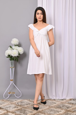 IQRAAR Women Fit and Flare White Above Knee/Mid Thigh Length Dress