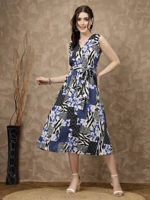 PLUSS Women Fit and Flare Multicolor Midi/Calf Length Dress