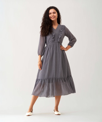 AASK Women Fit and Flare Grey Midi/Calf Length Dress