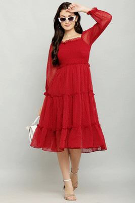 SR Collection Women Fit and Flare Red Below Knee Dress