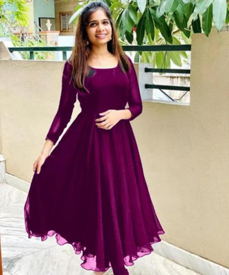 indofly Women Solid Anarkali Kurta(Purple)