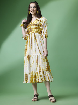 Fashion2wear Women Fit and Flare White, Green Maxi/Full Length Dress